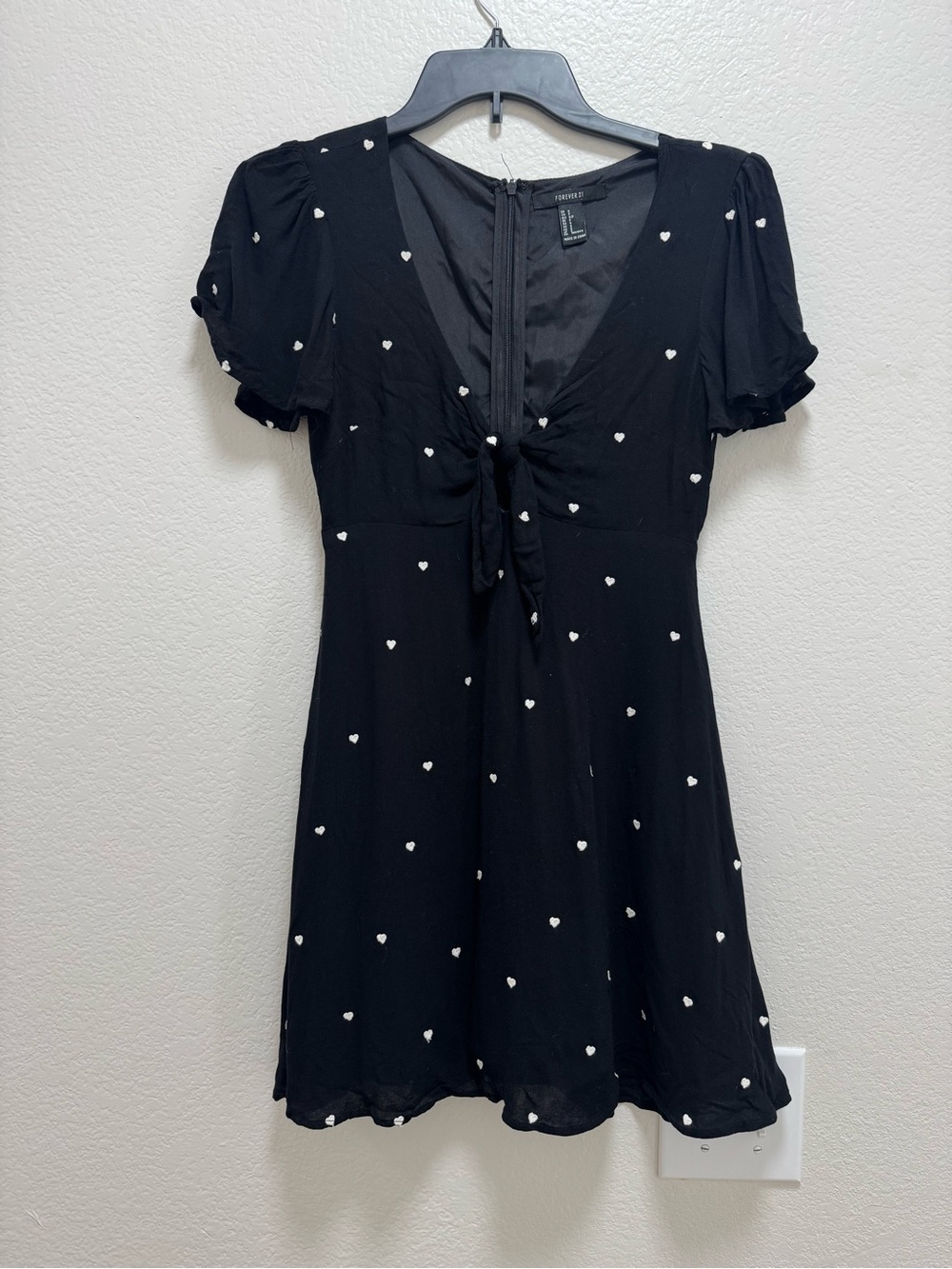 Forever 21 Black Mini Dress with White Heart Print and Tie Front